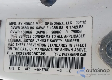 2012 Honda Civic Lx из США, поврежденный, VIN 19XFB2F57CE070495